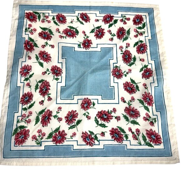 Cotton handkerchief hankie 13 in. by 12-1/4 in. White, Blue with Pink Flowers - Picture 6 of 9